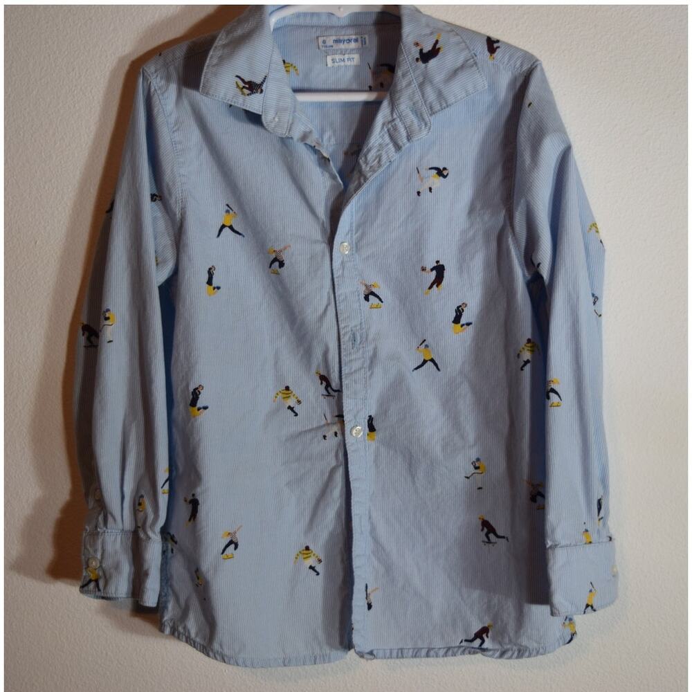 Mayoral Boys Baseball Print Button Down Shirt Size 6 Slim Fit Cotton